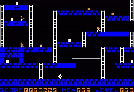 Lode Runner level 2 on the Apple II: brick platforms, ladders and hand-over-hand bars, the runner mid-screen and gold waiting below