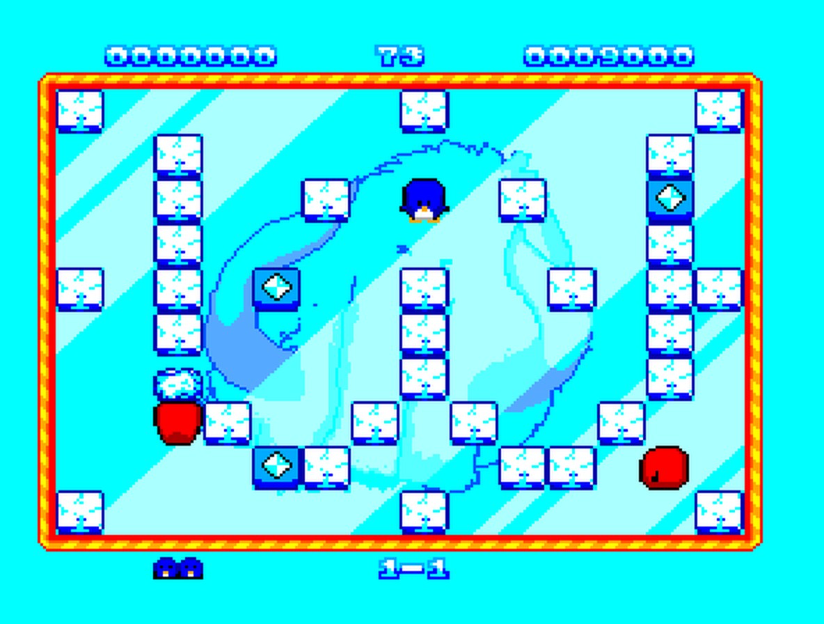 Waimanu the penguin sliding blocks at invading Wekas in Scary Monsters Saga on Master System