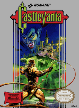 Castlevania NES box art — Simon Belmont, whip raised, before Dracula's castle