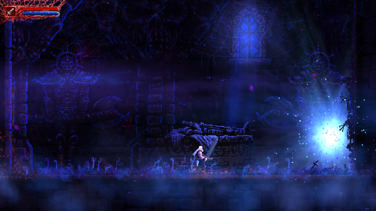 Bathoryn in a blue-lit cathedral in Slain: Back from Hell, facing spectral statues