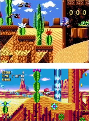 Mirage Saloon Zone in Sonic Mania, in its standard and Encore palettes