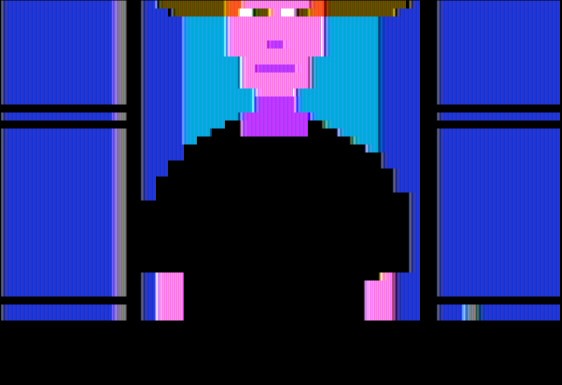 Close-up of Lester's face from the opening sequence, rendered in Apple II lo-res blocks of blue, pink and black