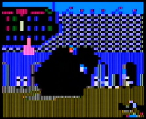 The tank sequence added in 2021: a chequered arena, control panel and the dark bulk of the tank rendered in lo-res colour
