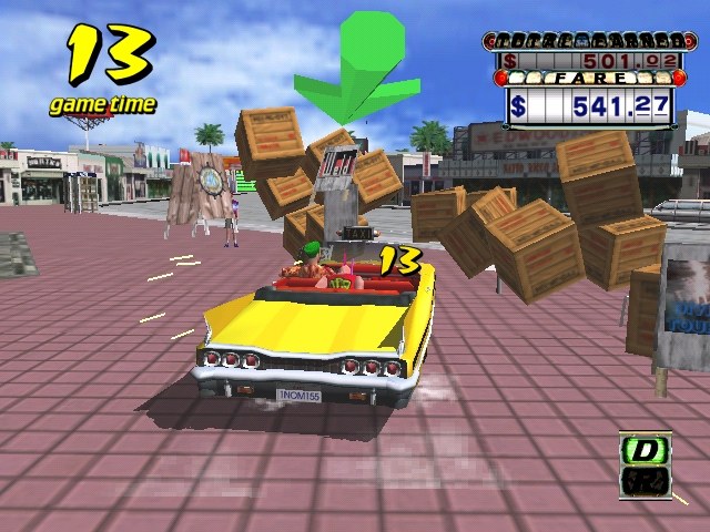 Crazy Taxi gameplay on Dreamcast, the yellow cab drifting through a busy city street