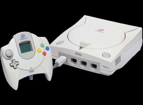 A Sega Dreamcast console with its distinctive swirl logo and controller