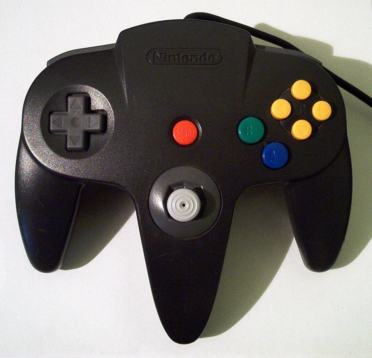 A black Nintendo 64 controller.