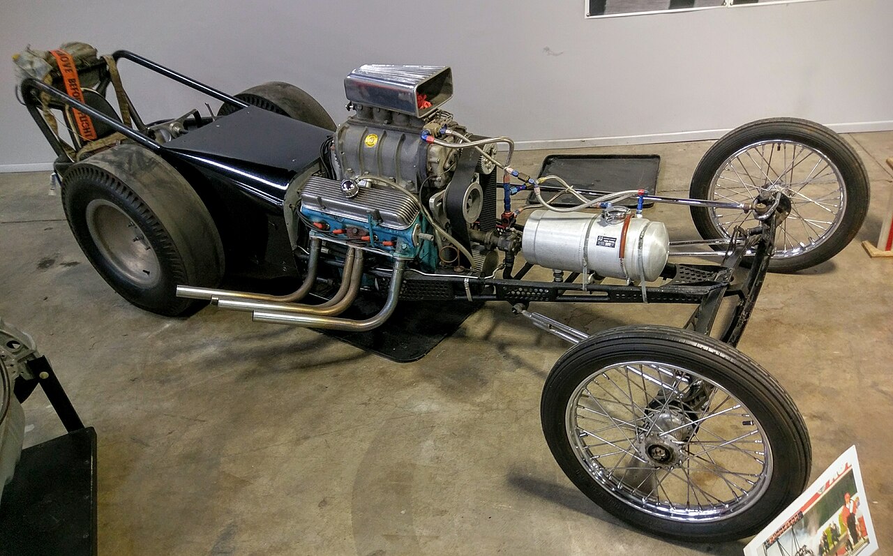 A 1958 fuel dragster, the full-size inspiration for the marble-powered board game
