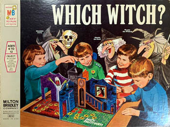 The Which Witch? box by Milton Bradley, showing children playing around the 3D haunted house board