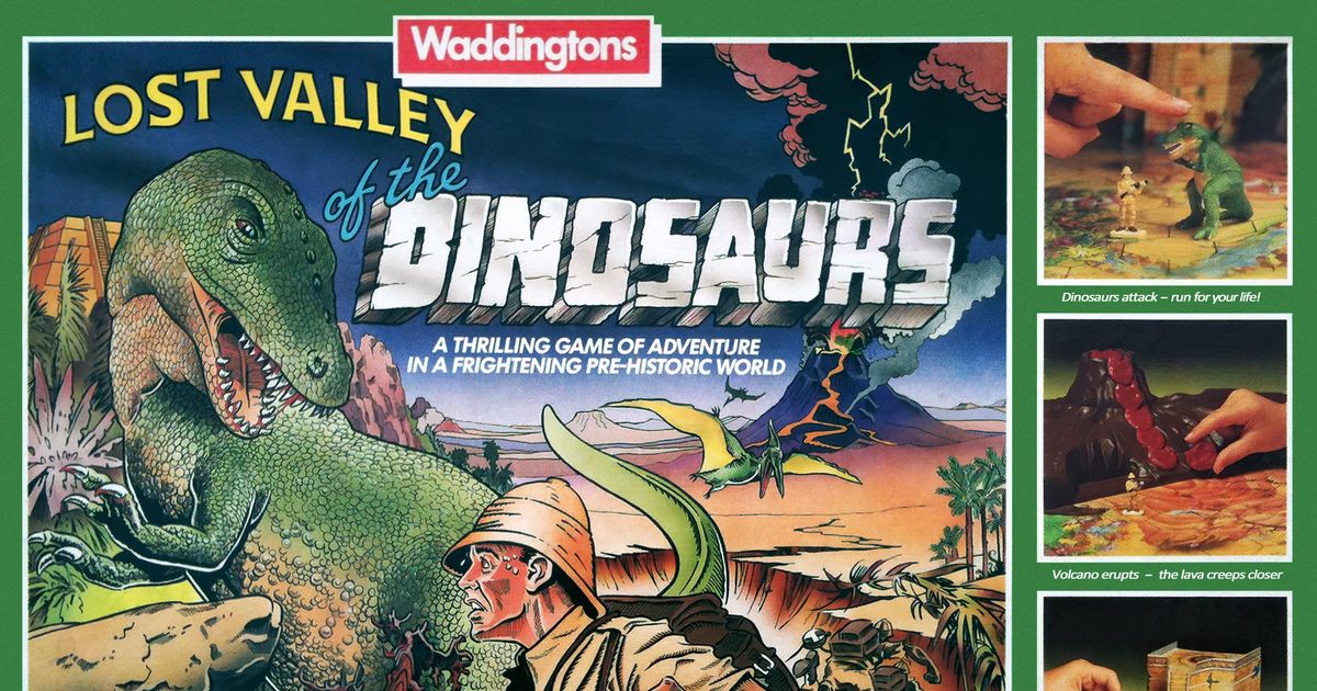The Waddingtons Lost Valley of the Dinosaurs box, with explorers, a T-Rex and an erupting volcano