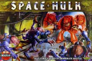 The Space Hulk board game box, showing a Terminator facing Genestealers