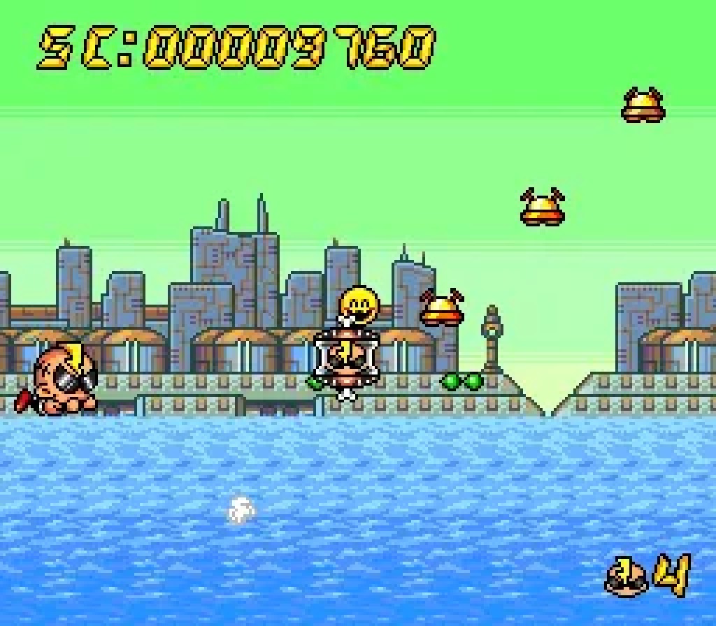 Air Zonk gameplay over the riverside city stage, Zonk in flight with shades on