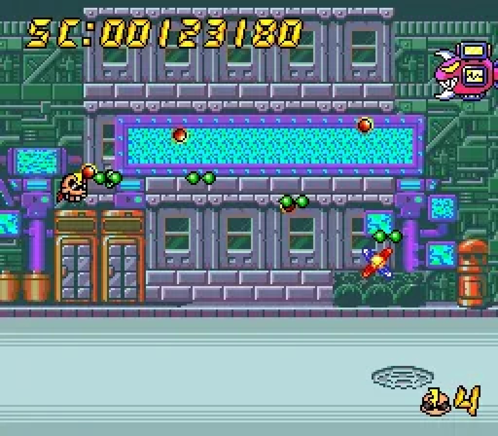 Air Zonk in the factory district stage, facing a pink robot enemy