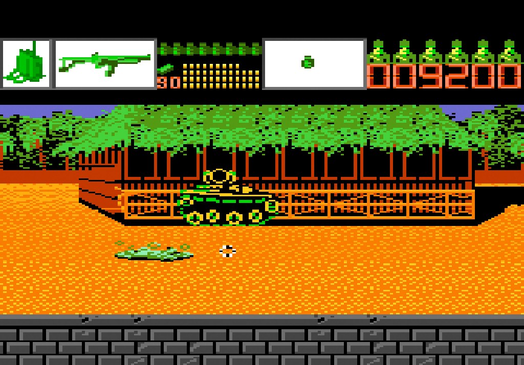 Alien Brigade in action on the Atari 7800: a tank on the jungle road, the weapon and ammunition HUD above