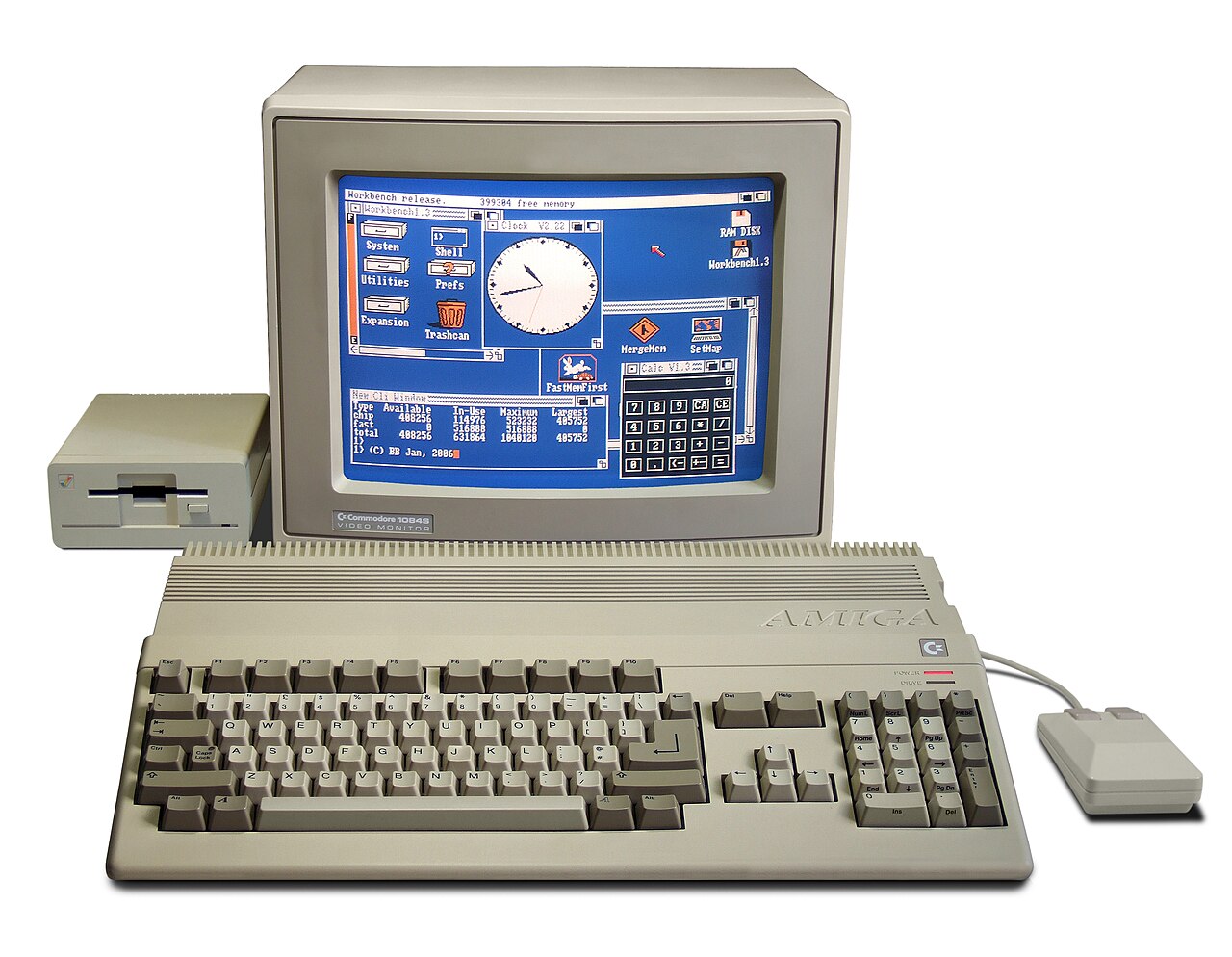 A complete Commodore Amiga 500 system with keyboard computer, mouse and monitor