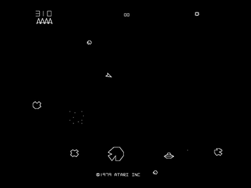 Asteroids gameplay — vector-style rock-blasting, the crown jewel of Atari Arcade 1