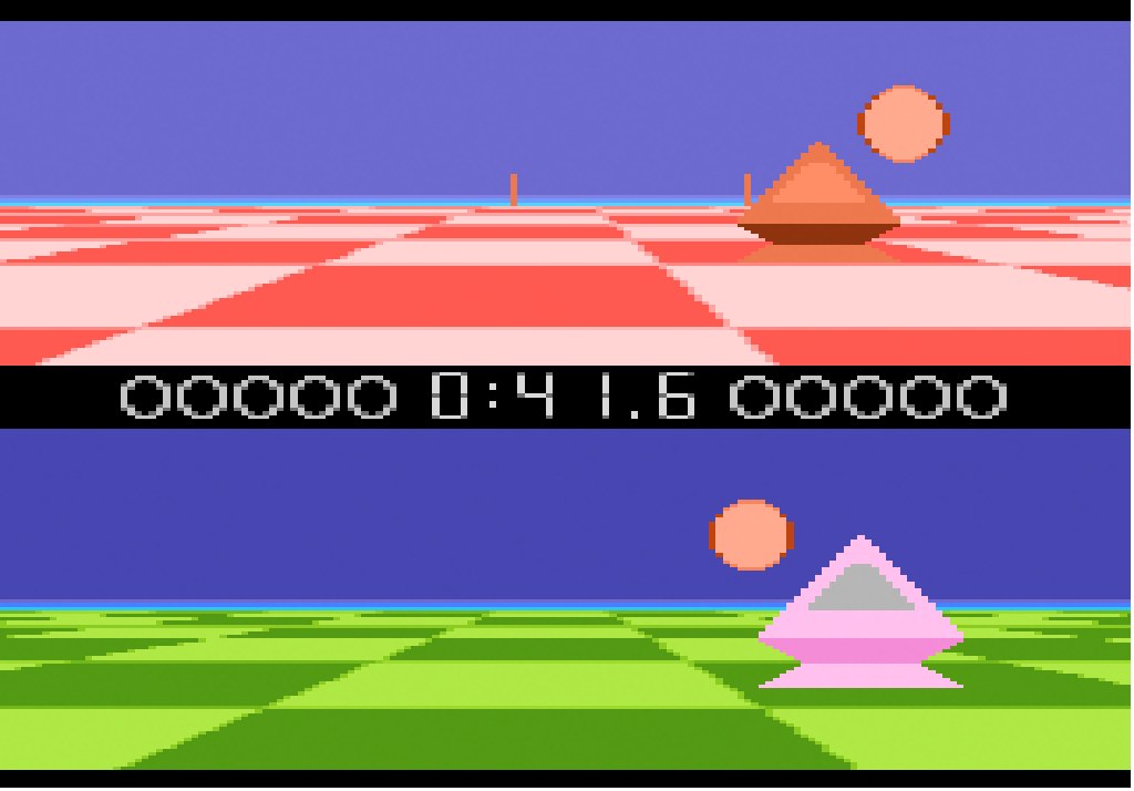 Close-quarters Ballblazer play on the Atari 7800: a pink rotofoil looming large as the plasmorb floats free