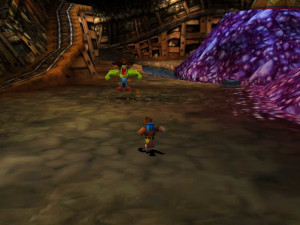 Banjo-Tooie gameplay screenshot on Nintendo 64, Banjo and Kazooie facing a character in a cavern