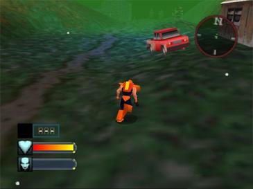 Body Harvest on Nintendo 64 — Adam Drake on foot in an open landscape with a vehicle nearby and the HUD visible