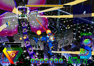 Bulk Slash gameplay — a transforming mech battling over a night-time city
