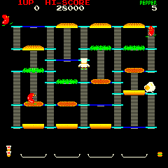 BurgerTime gameplay — Peter Pepper stacking burger ingredients while enemies chase him