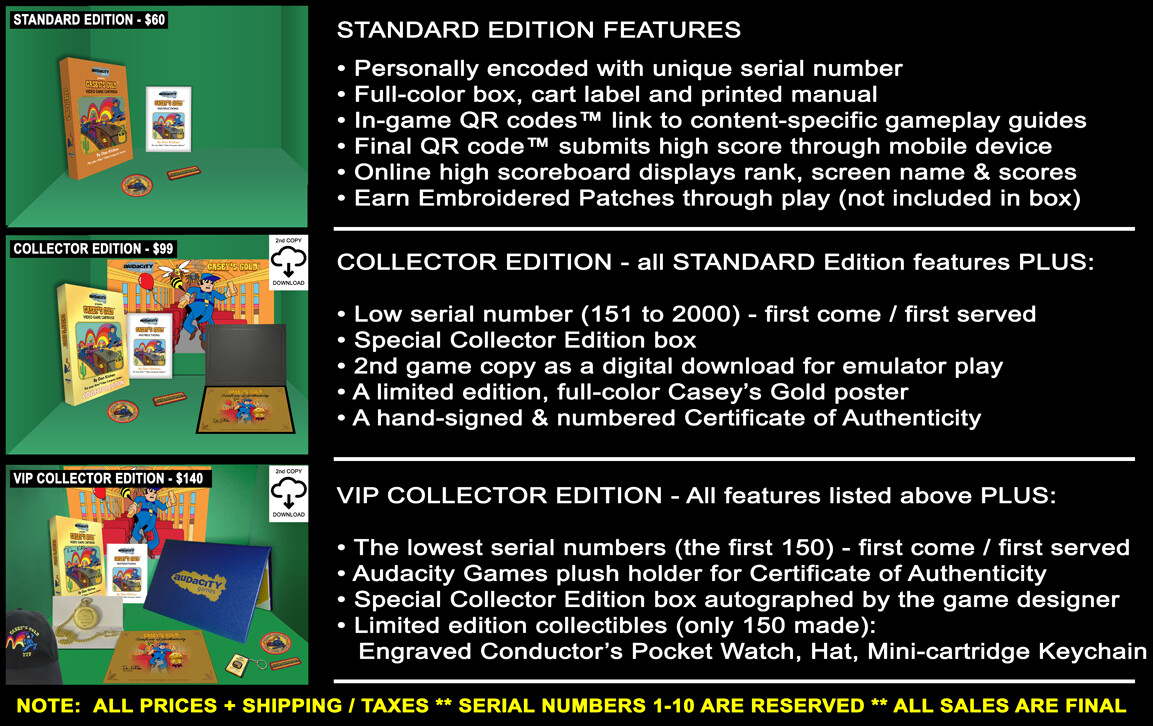 The finished article, 41 years later: Audacity Games' Standard, Collector and VIP Collector editions of Casey's Gold