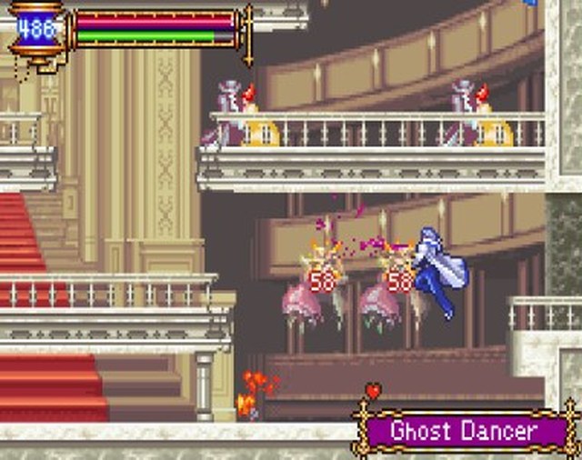 Soma fighting Ghost Dancers in the castle dance hall in Aria of Sorrow on GBA