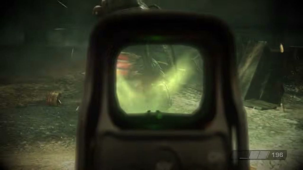 Aiming down the sight at a glowing Helghast in Killzone 2 on PlayStation 3