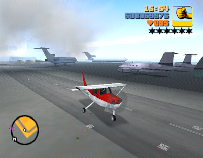 Even the Dodo flies: GTA III's notoriously wing-clipped plane, airborne in the Dreamcast port. Screenshot courtesy of NaiSan, via The Dreamcast Junkyard.