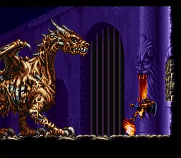 Demon's Crest gameplay — Firebrand facing the zombie dragon in the colosseum