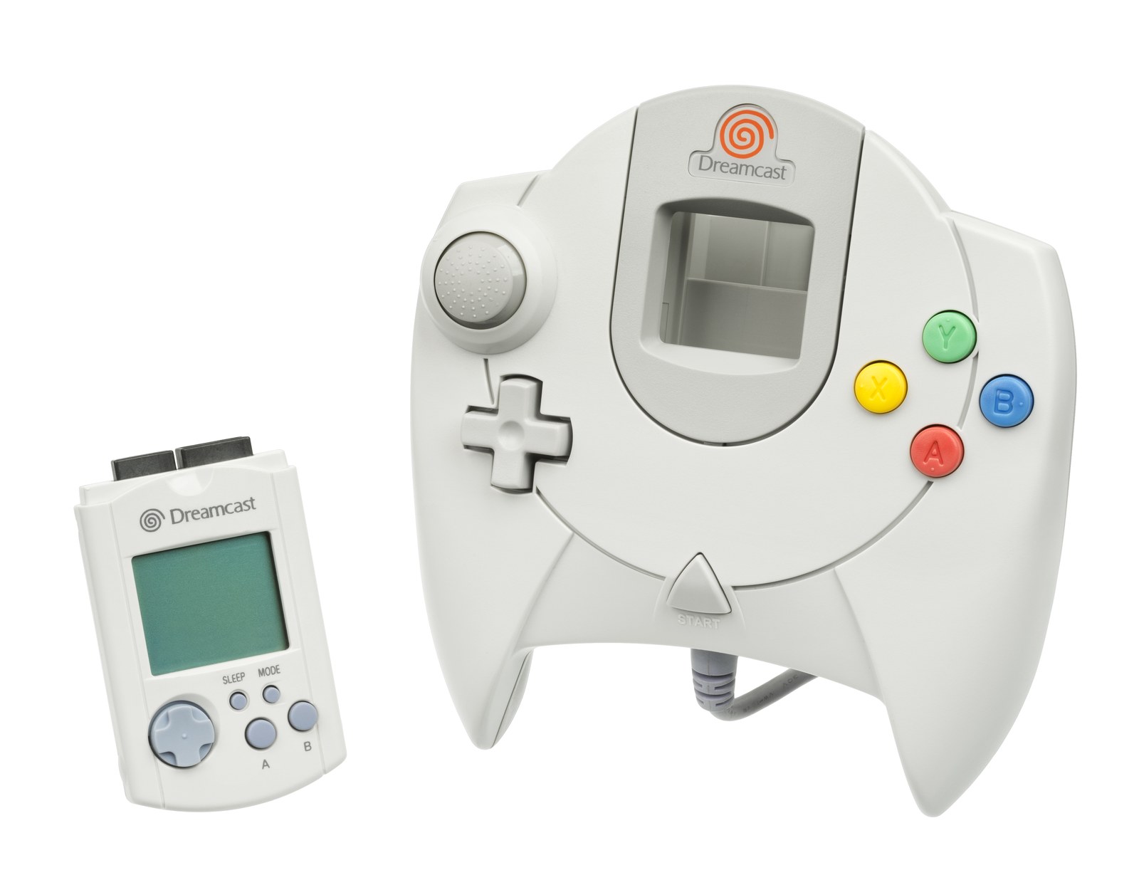 Dreamcast controller with a VMU memory card beside it
