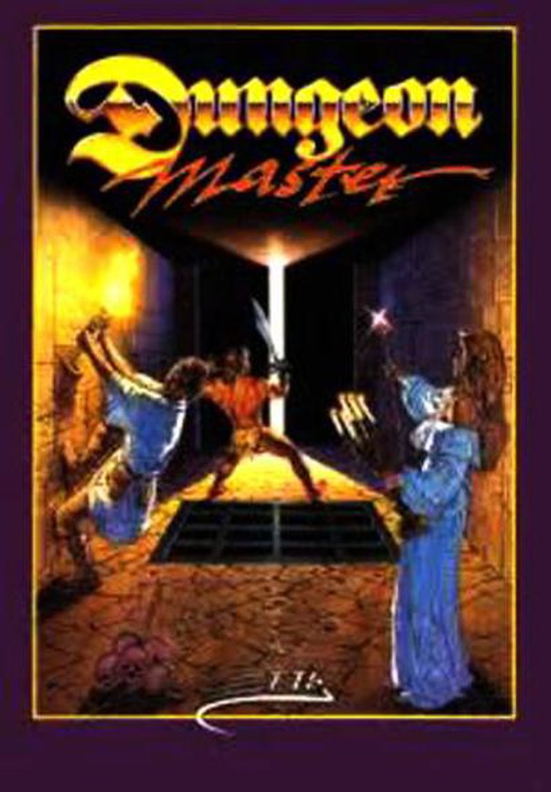 Dungeon Master Atari ST box art: champions confronting a dragon in the dungeon depths