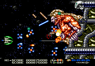 Eliminate Down gameplay screenshot showing the Steel Pyron facing a stage 3 miniboss