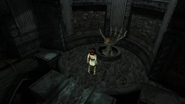 A Tome bearer standing before the clawed pedestal in a dark temple in Eternal Darkness: Sanity's Requiem on GameCube