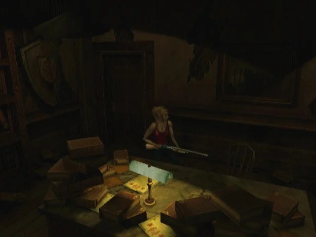 Alexandra Roivas, armed with a shotgun, in her grandfather's candlelit study in Eternal Darkness on GameCube