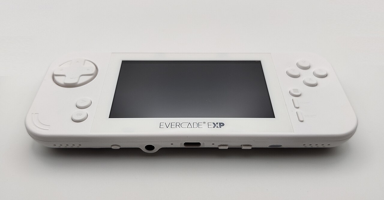 Evercade EXP handheld console photographed from the front, D-pad only with no analogue sticks