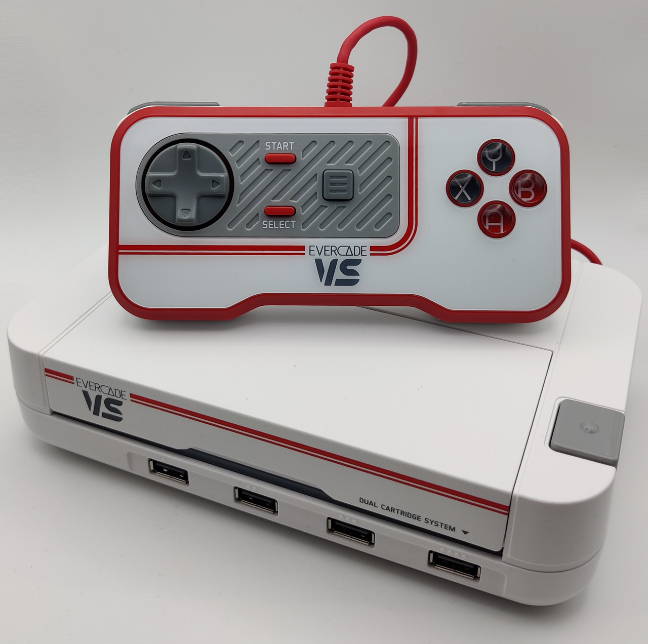 Evercade VS home console with a wired gamepad, the TV-playing member of the Evercade family