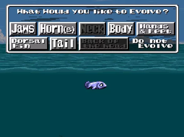 E.V.O.: Search for Eden — the evolution menu, choosing which body part to upgrade