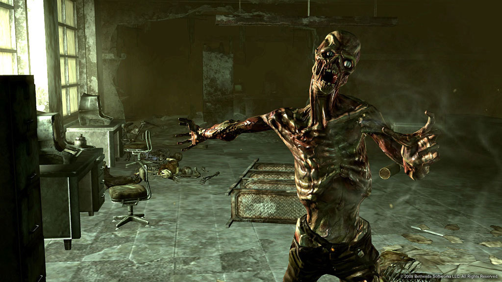 Fallout 3 — a feral ghoul lunges through a ruined office
