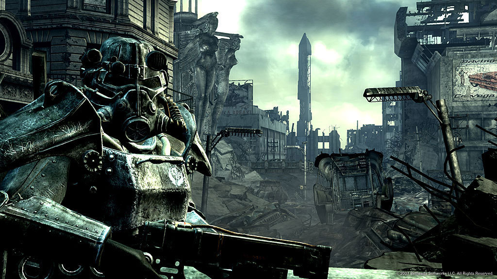 Fallout 3 — a Brotherhood of Steel knight in power armour patrols the ruins of Washington, D.C., the Washington Monument behind