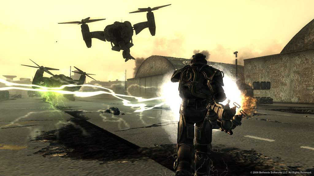 Fallout 3: Broken Steel — the Tesla Cannon fires on Enclave Vertibirds at Adams Air Force Base