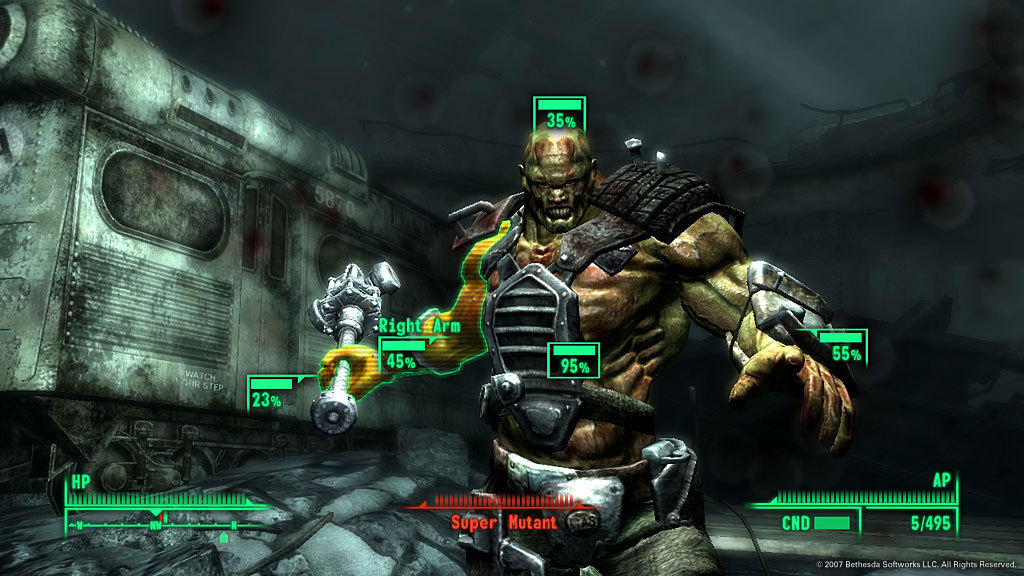 Fallout 3 — V.A.T.S. targeting a super mutant, with limb hit percentages shown
