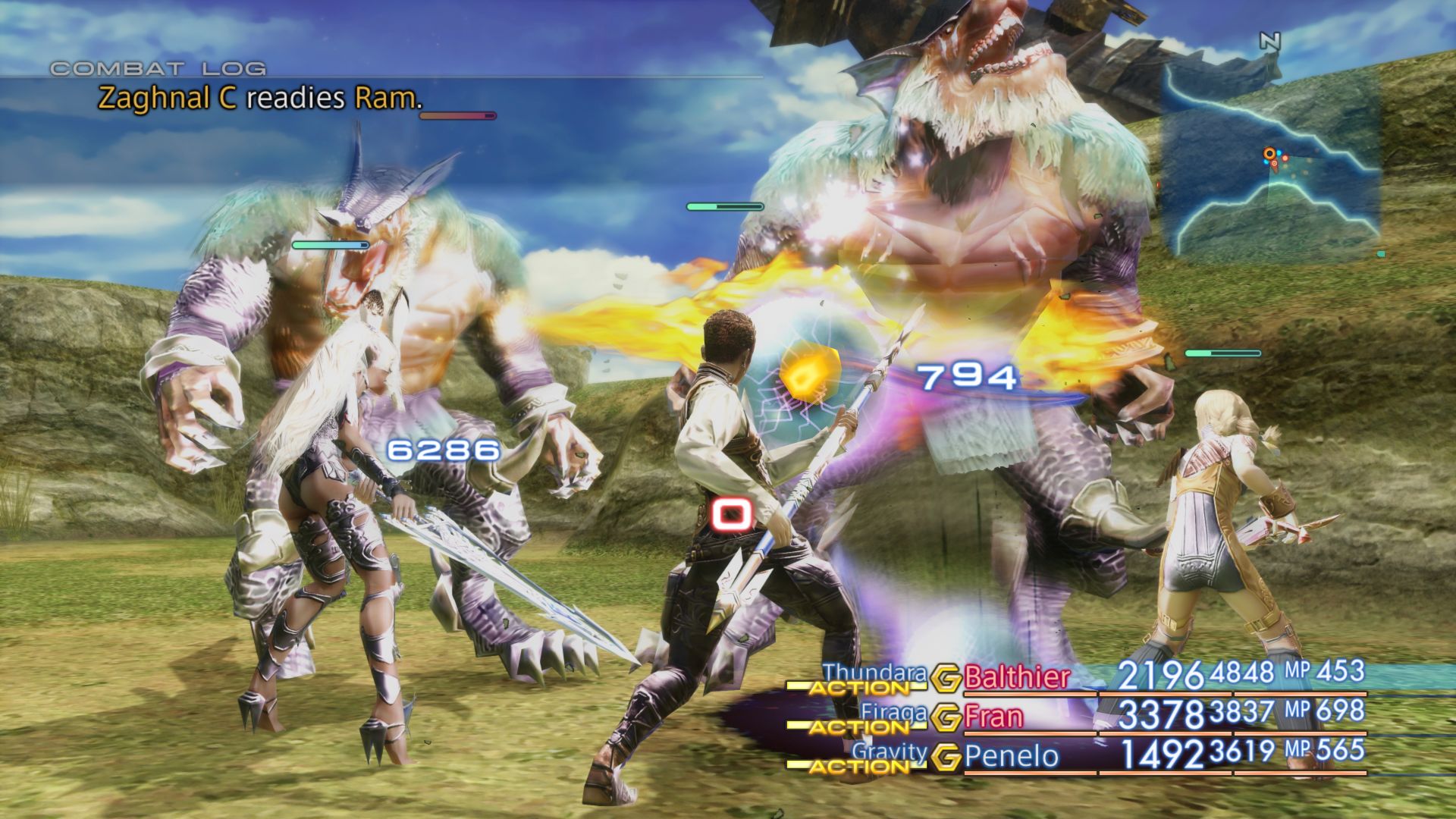 The party fighting Zaghnal trolls in an open field with gambit actions queued in Final Fantasy XII