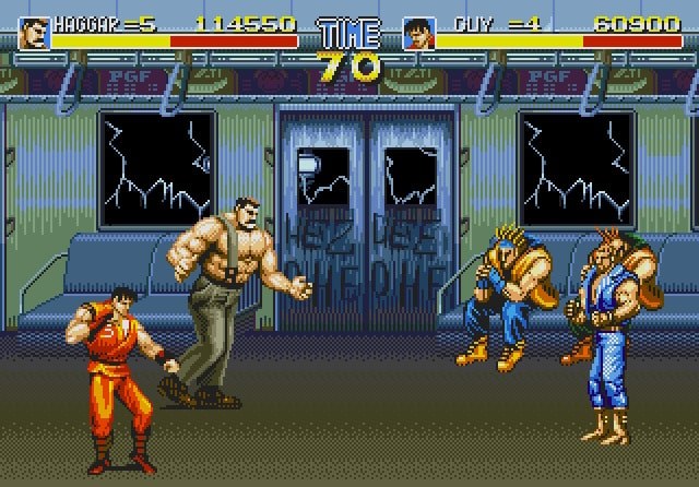 Cody and Guy fighting through Metro City in Final Fight CD