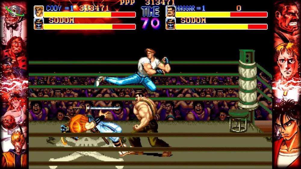 A boss battle in Final Fight CD, the Sega CD's near-complete arcade port