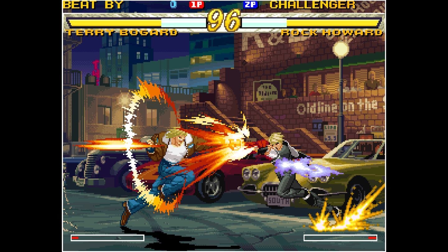 Garou Mark of the Wolves gameplay showing Rock Howard fighting on a detailed stage