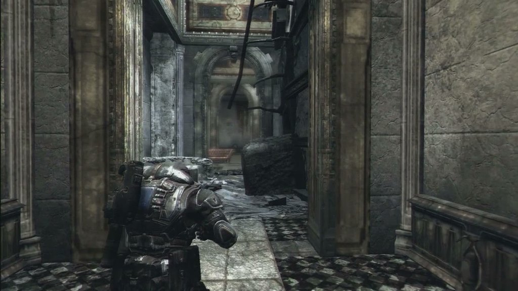 Gears of War on Xbox 360, Marcus Fenix advancing through a ruined mansion corridor