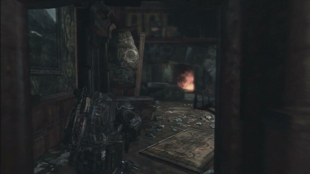 Gears of War co-operative play on Xbox 360, Delta Squad clearing a firelit room of the mansion