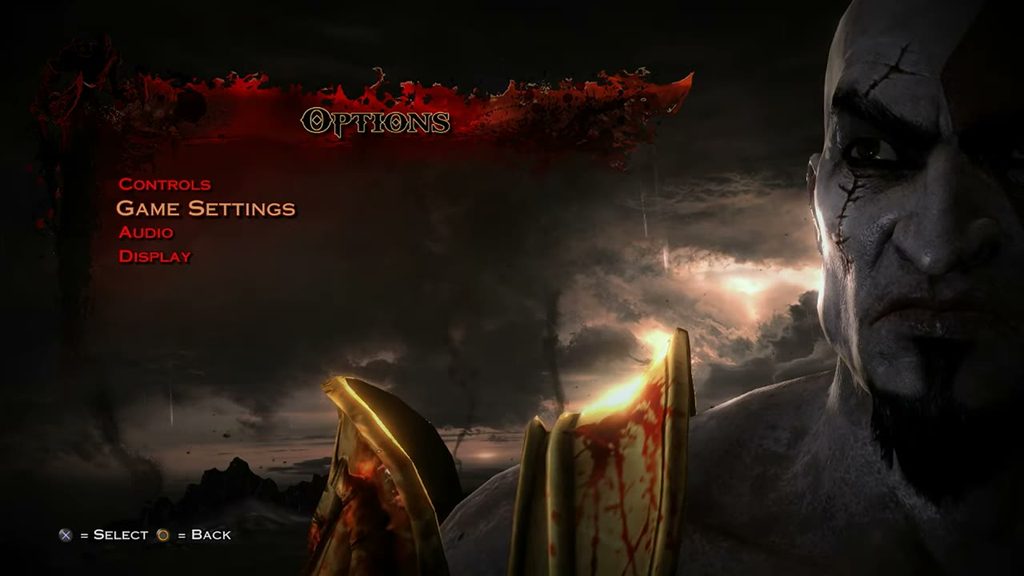 Kratos portrait from the menu screens of God of War III on PS3