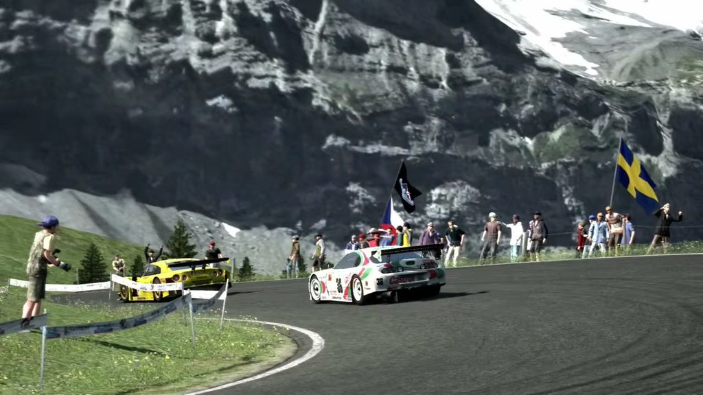 A replay view of cornering at the Eiger in Gran Turismo 5 on PlayStation 3