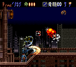 Hagane gameplay — a cyborg ninja somersaulting through a burning futuristic city